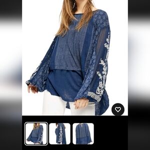 Free People Womens Indigo Dreams Embroidered Tunic Top NEW!